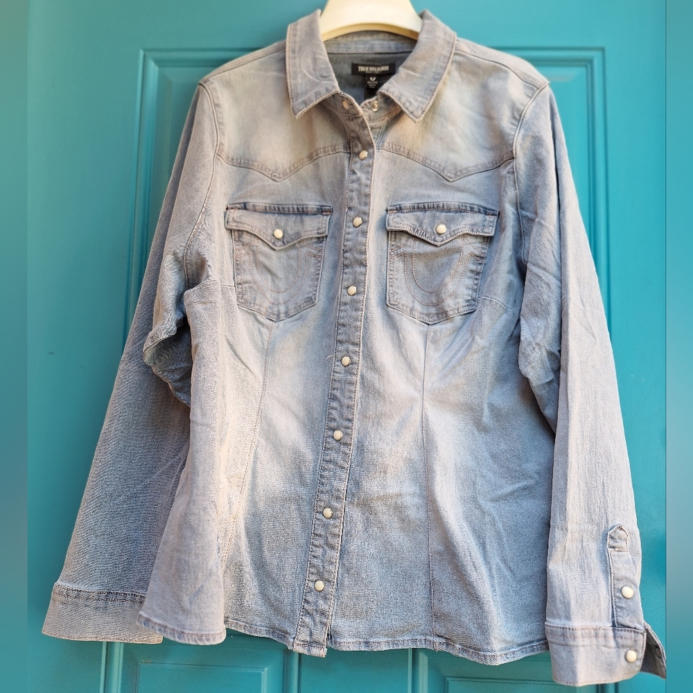 True Religion Top Long Sleeve Flap Pockets Denim Jean Snap Buttons 2X Nwt NEW